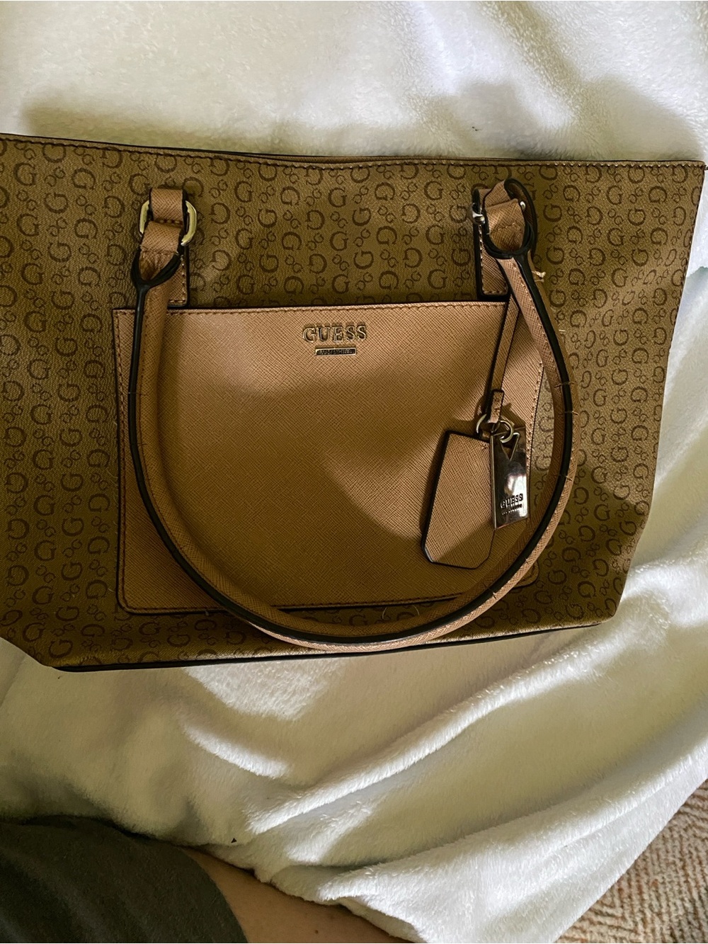 GUESS Brown Logo Tote with Front Pocket and Charm
